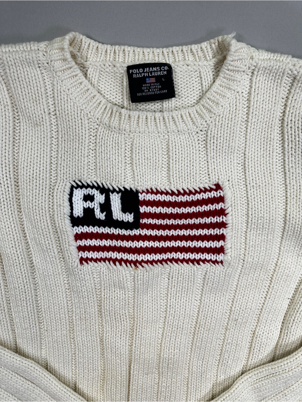 Polo Jeans Ralph Lauren L Cream Flag Knit Sweater 100% Cotton USA - Picture 6 of 9